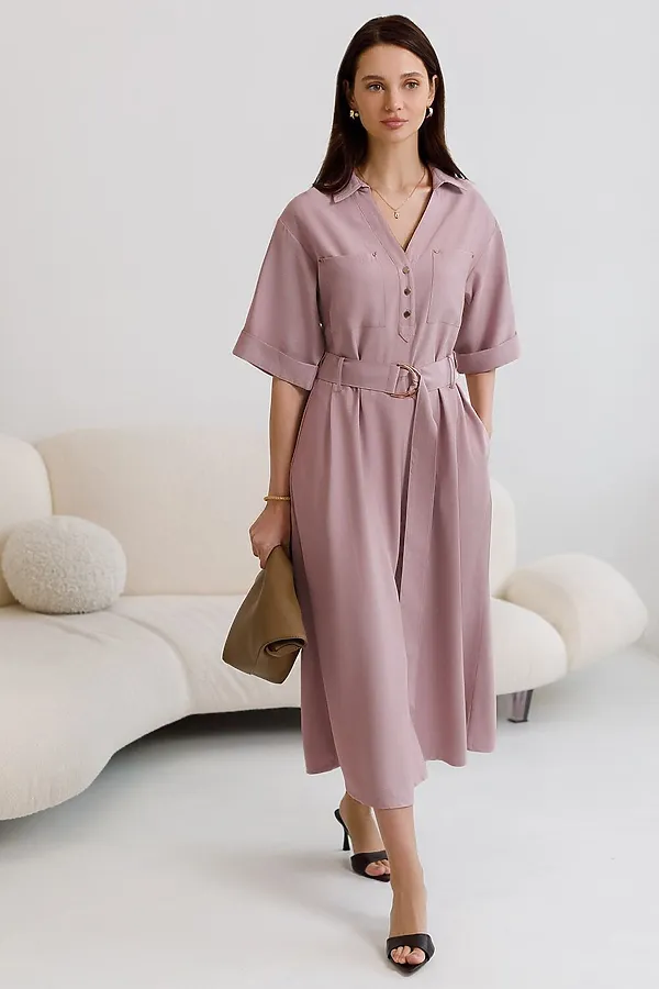 Платье-рубашка А-силуэта с поясом и карманами из плотного лиоцелла VILATTE, зефирно-розовый - фото 1