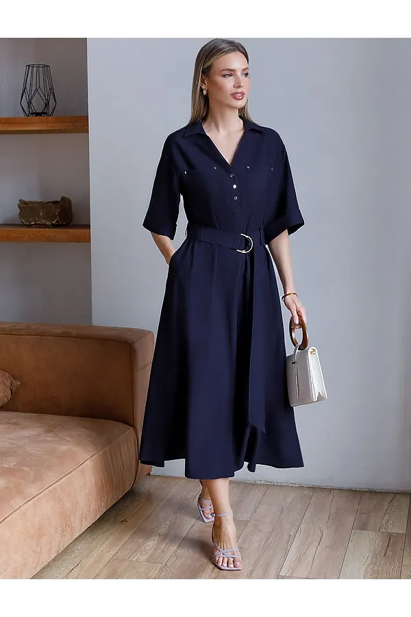 Платье-рубашка А-силуэта с поясом и карманами из плотного лиоцелла VILATTE, темно-синий - фото 1