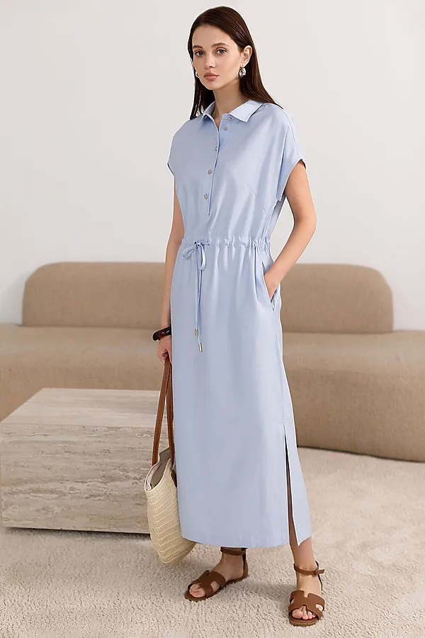 Платье-рубашка с кулиской на талии из плотного лиоцелла VILATTE, голубой - фото 1