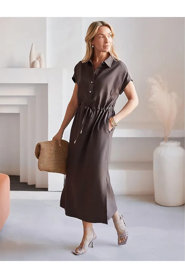 Платье-рубашка с кулиской на талии из плотного лиоцелла VILATTE, кофейный - фото 1