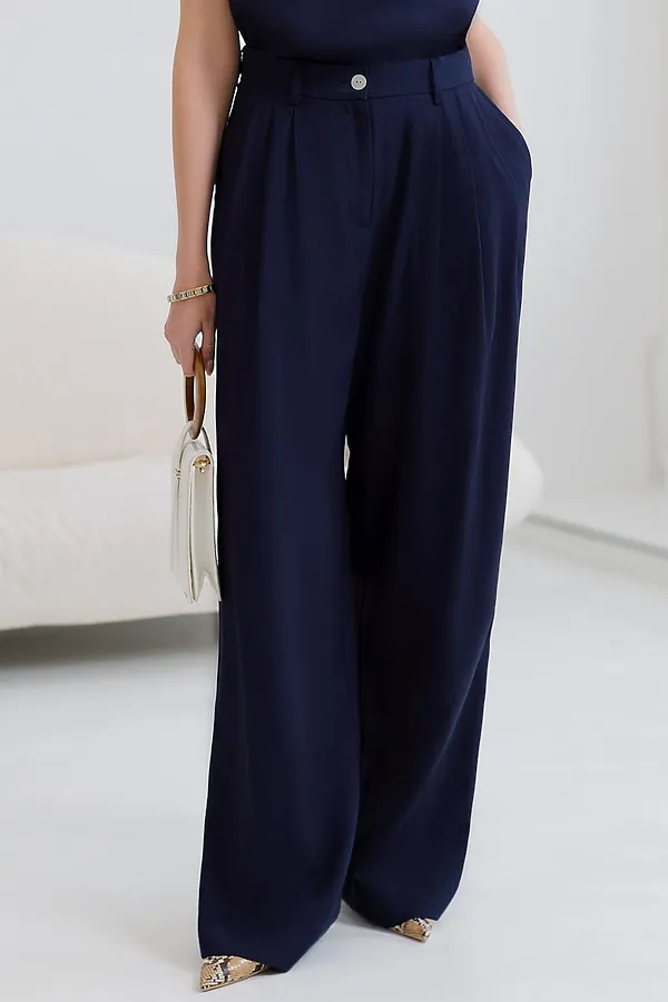Брюки палаццо с защипами из плотного лиоцелла VILATTE, темно-синий - фото 1