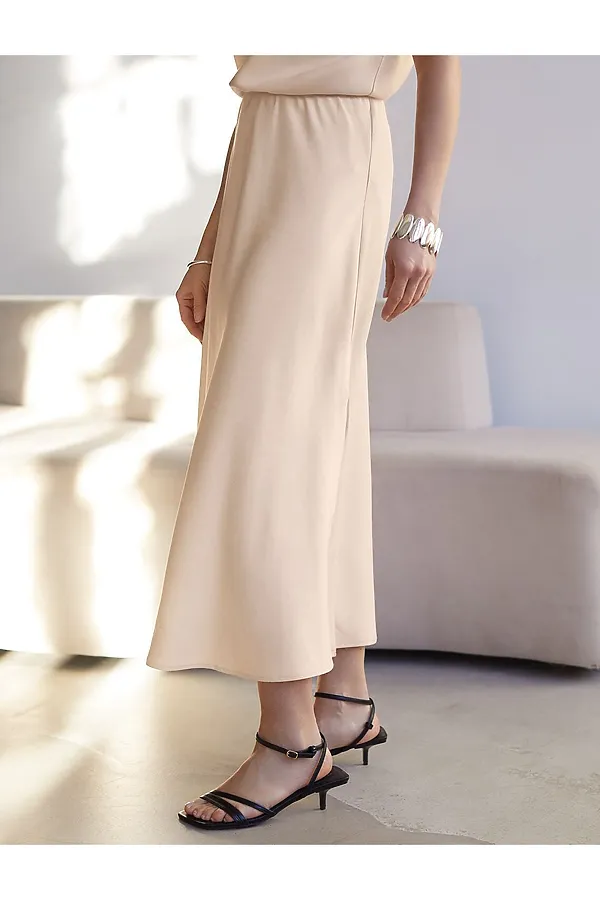 Юбка миди с разрезом скроенная по косой из плотного лиоцелла VILATTE, овсяный - фото 1