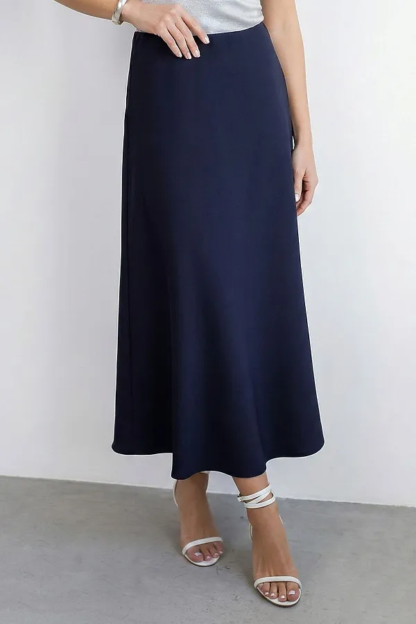 Юбка миди с разрезом скроенная по косой из плотного лиоцелла VILATTE, темно-синий - фото 1