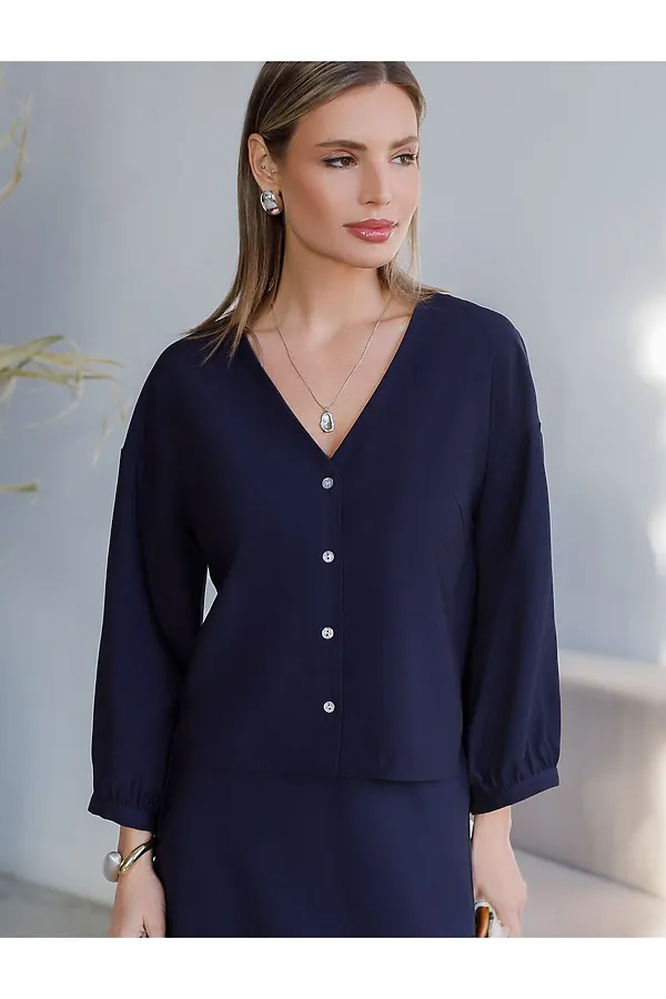 Укороченная блузка с V вырезом из плотного лиоцелла VILATTE, темно-синий - фото 1