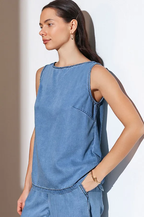 Топ с вырезом лодочка и асимметричным разрезом на спине из джинсового лиоцелла VILATTE, светло-синий - фото 1