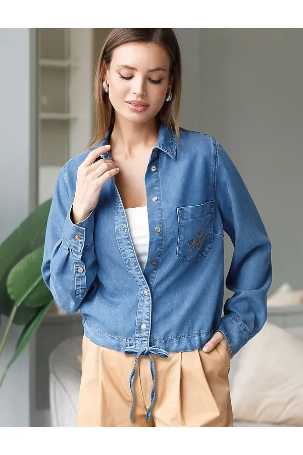 Укороченная блузка с кулиской из джинсового лиоцелла VILATTE, светло-синий - фото 1