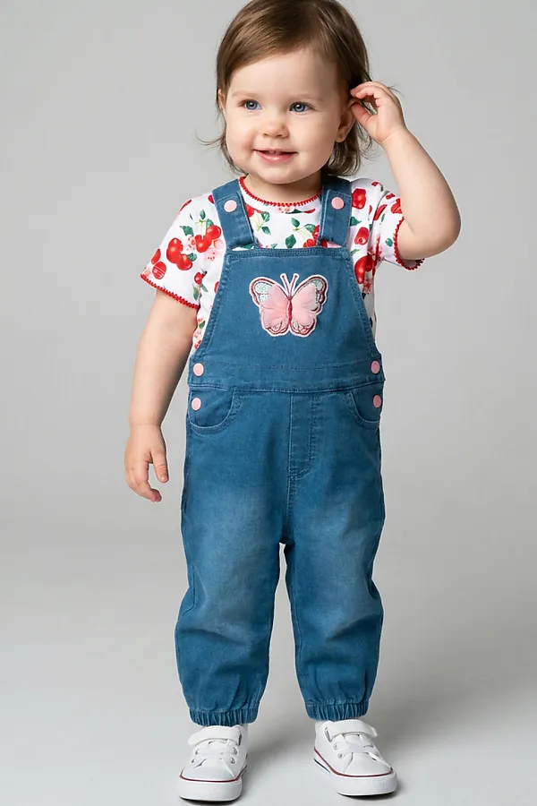 Полукомбинезон детский текстильный джинсовый для девочек PLAYTODAY, синий - фото 1