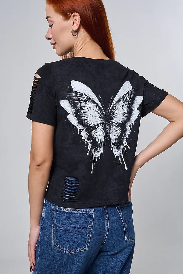 Футболка 7502 НАТАЛИ, черный винтаж+бабочка - фото 1