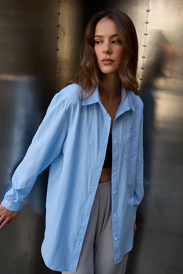 Рубашка оверсайз в полоску хлопковая НАТАЛИ, голубой - фото 1