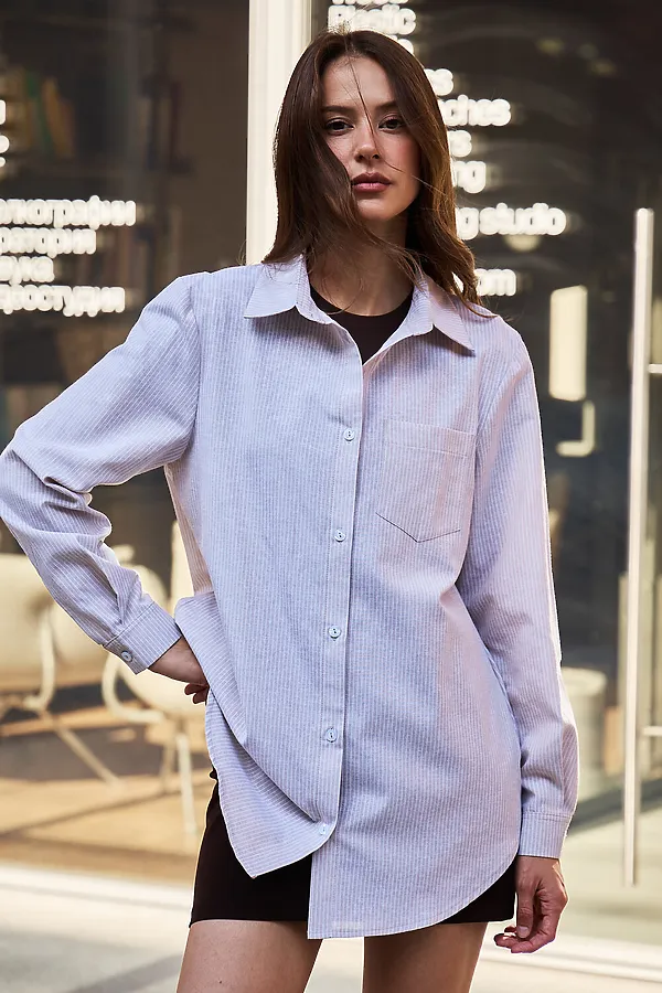 Рубашка оверсайз в полоску хлопковая НАТАЛИ, бежевый - фото 1