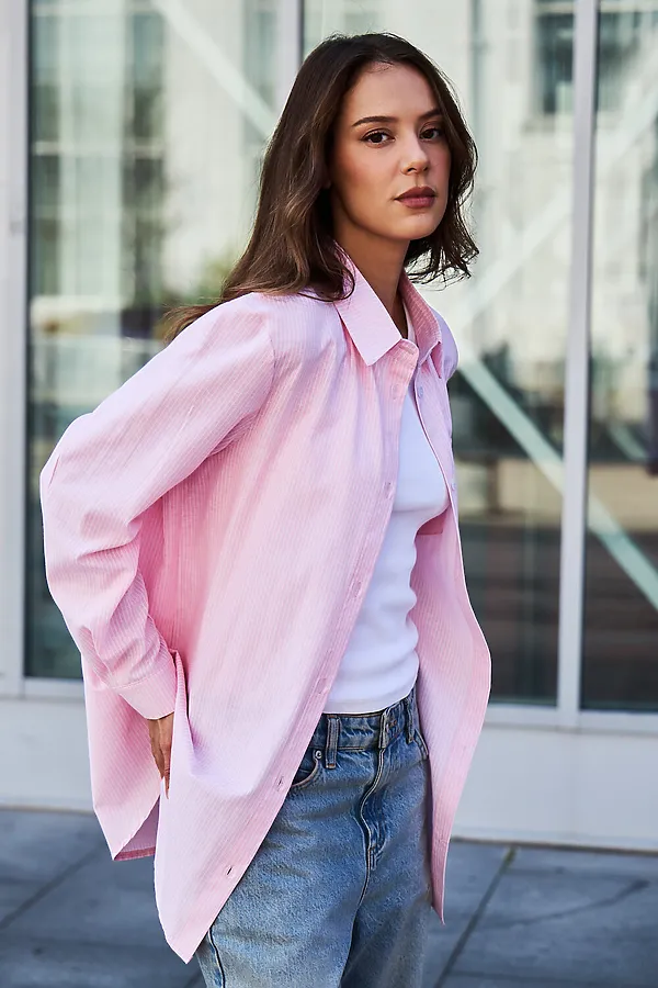 Рубашка оверсайз в полоску хлопковая НАТАЛИ, розовый - фото 1