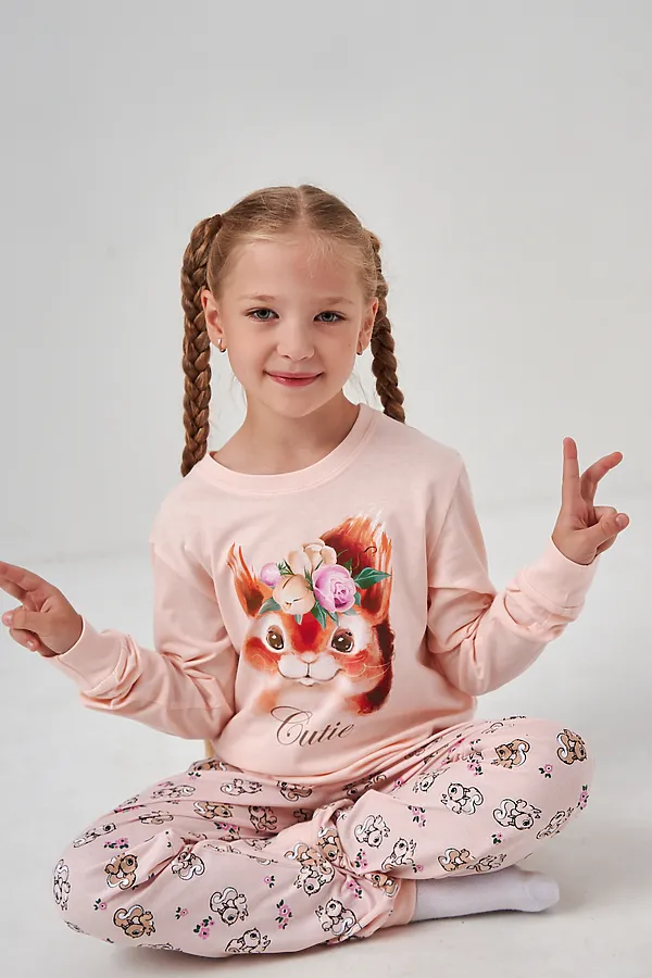 Пижама с брюками Кулирка с рибаной длинный рукав НАТАЛИ, сказочка светло-розовый - фото 1