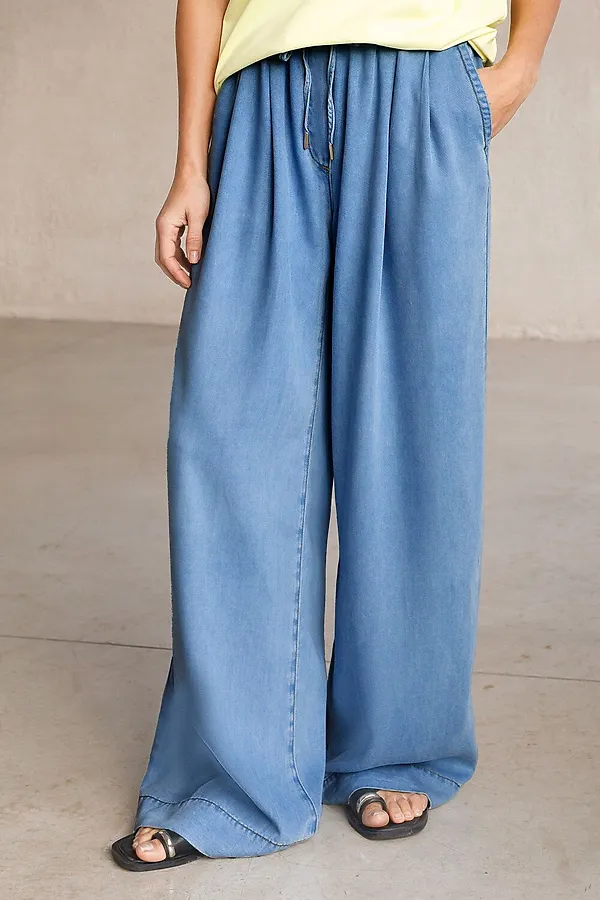 Брюки-палаццо с поясом на резинке из джинсового лиоцелла VILATTE, светло-синий - фото 1