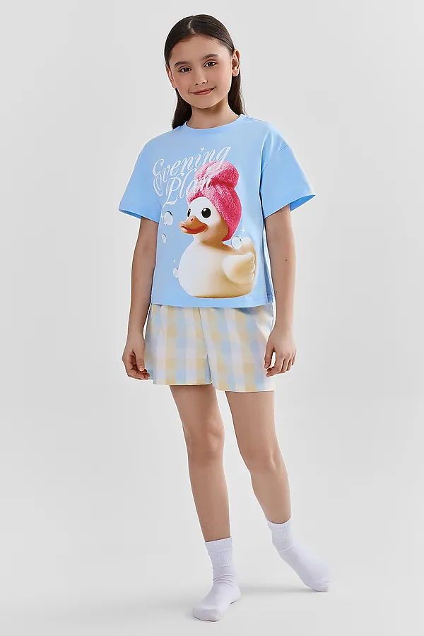 Комплект для девочек (футболка, шорты) MARK FORMELLE, небо +желто -голубая клетка - фото 1