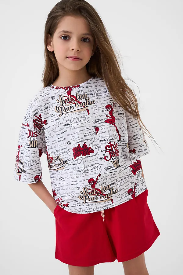 Комплект трикотажный для девочек: фуфайка (футболка), шорты PLAYTODAY, разноцветный - фото 1