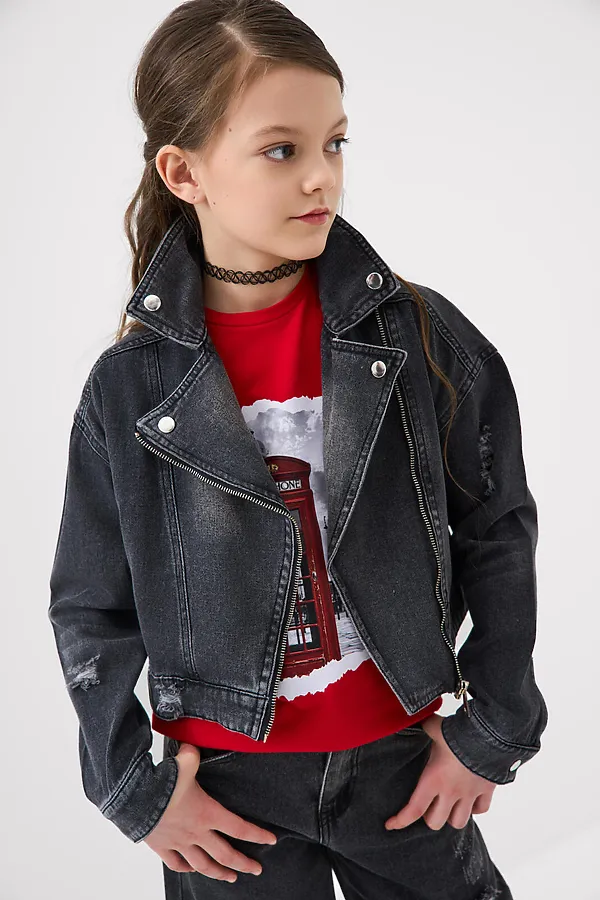 Куртка текстильная джинсовая для девочек PLAYTODAY, черный - фото 1