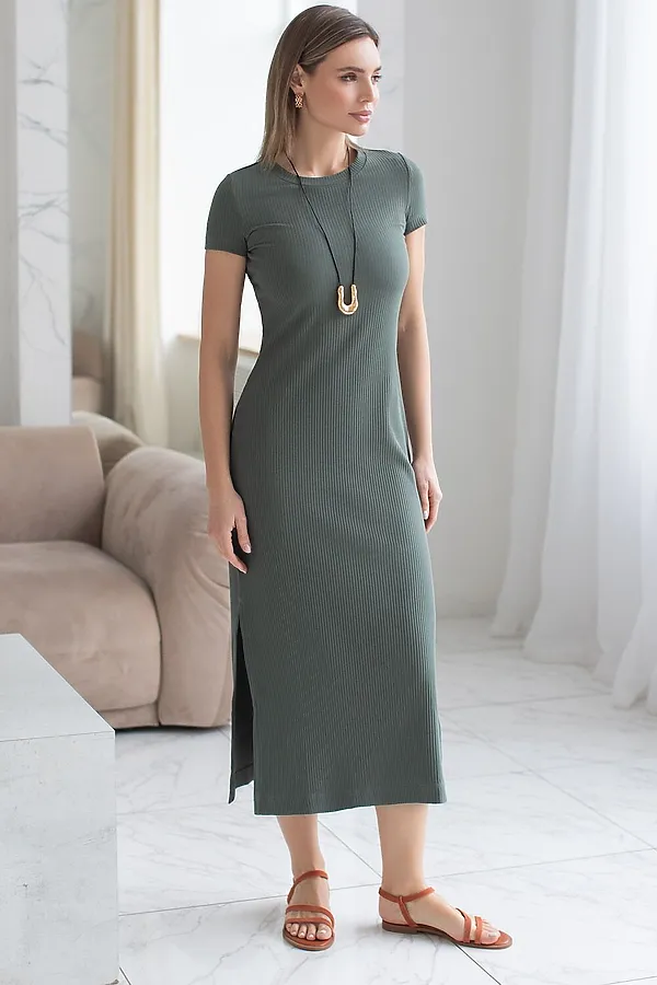 Платье из трикотажа в широкий рубчик VILATTE, т.оливковый - фото 1