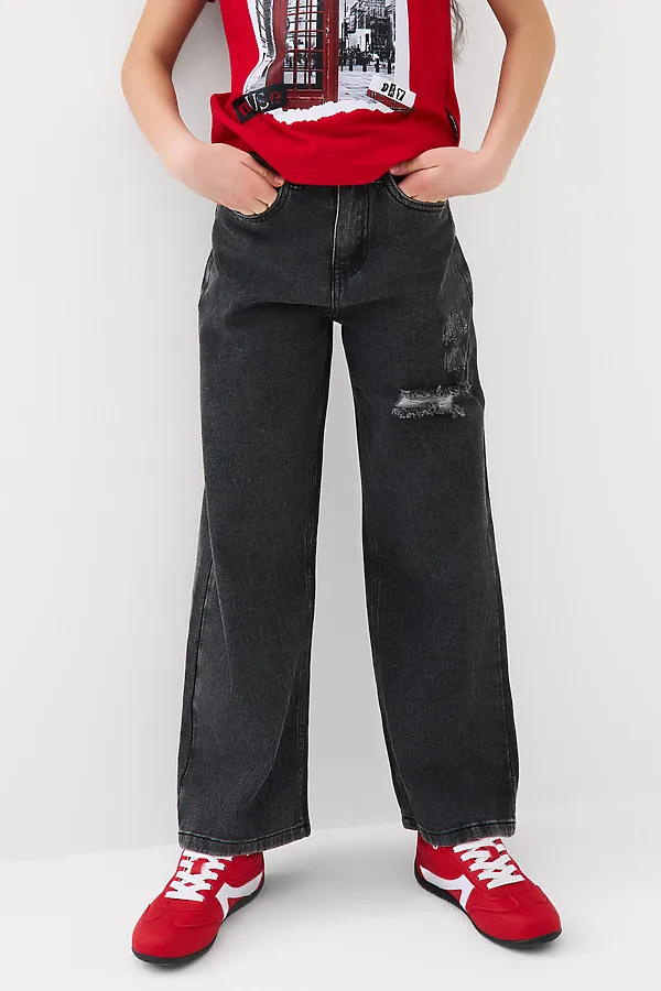 Брюки текстильные джинсовые для девочек PLAYTODAY, черный - фото 1