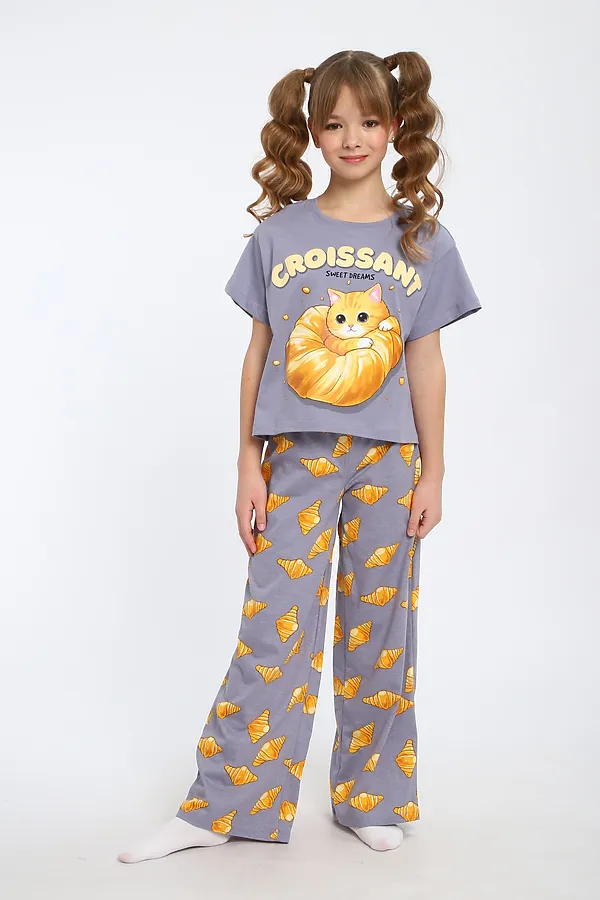 Пижама с брюками для девочки Котенок-круассан арт. ПД-015-084 НАТАЛИ, серый - фото 1