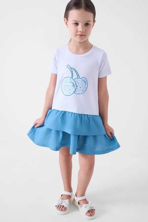 Платье трикотажное для девочек PLAYTODAY, белый,синий - фото 1