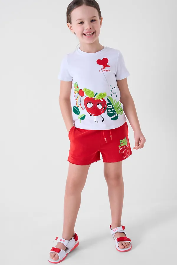 Комплект трикотажный для девочек: фуфайка (футболка), шорты PLAYTODAY, белый,красный - фото 1