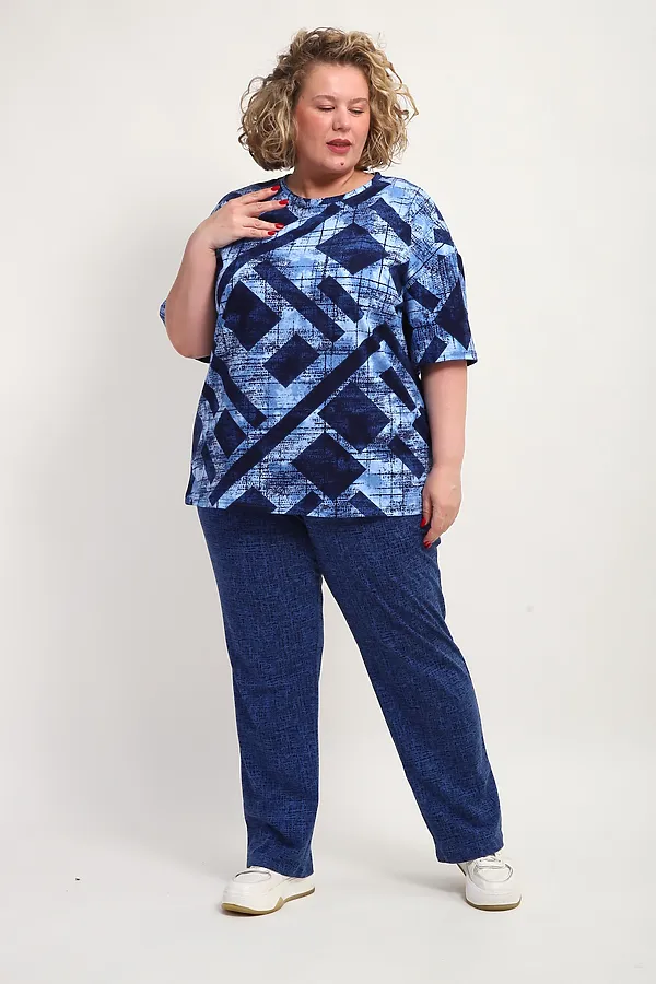 Костюм с брюками КЖ-007 НАТАЛИ, синий, ромбы - фото 1