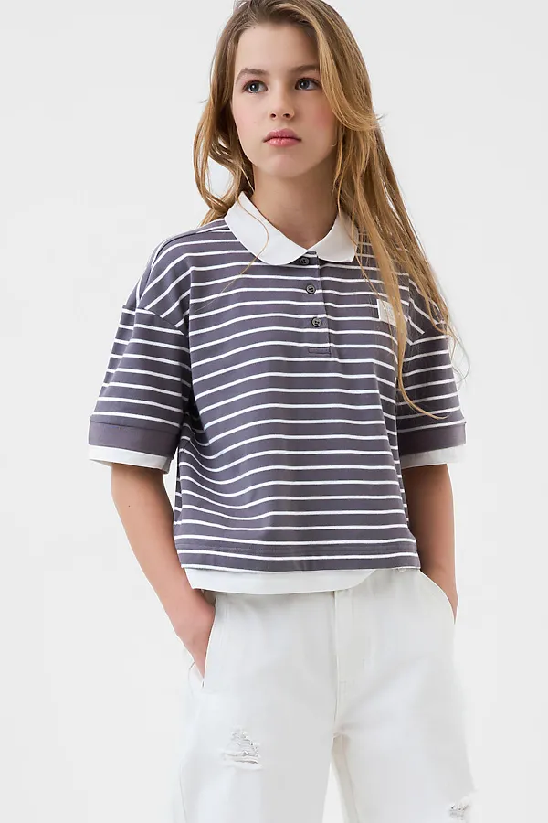 Джемпер трикотажный с воротником поло для девочек PLAYTODAY, белый,серый - фото 1