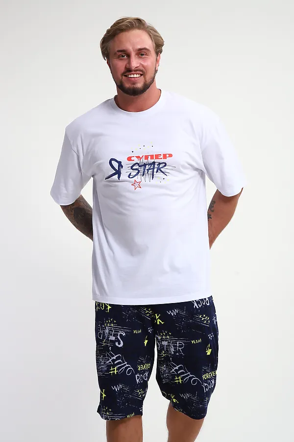 Костюм с шортами КМ-01 НАТАЛИ, синий/желтый/белый буквы star - фото 1