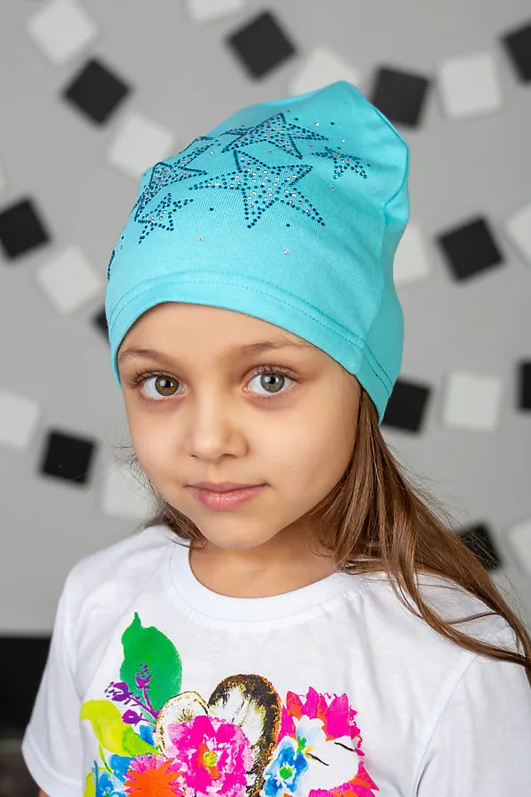 Шапка "Звездочки стразы Бирюза" ДЕТСКИЙ ТРИКОТАЖ 37, бирюзовый - фото 1