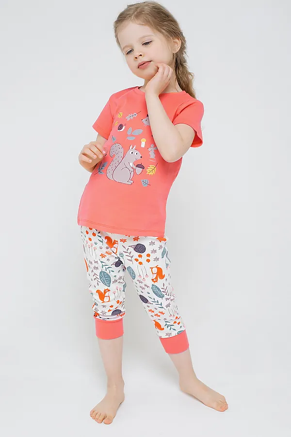 Пижама (Бриджи+Футболка) CROCKID SALE, коралл+осенняя пора - фото 1