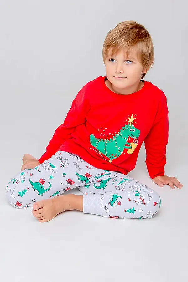 Пижама CROCKID SALE, насыщенно-красный,новогодние динозавры - фото 1
