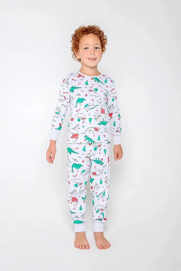 Пижама CROCKID, новогодние динозавры на меланже - фото 1