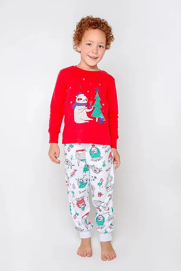 Пижама CROCKID SALE, насыщенно-красный,новогодние ленивцы - фото 1