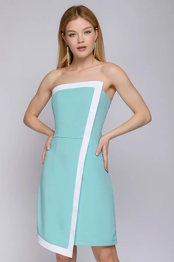Платье мятного цвета с белыми вставками асимметричного кроя 1001 DRESS, мятный / белый - фото 1
