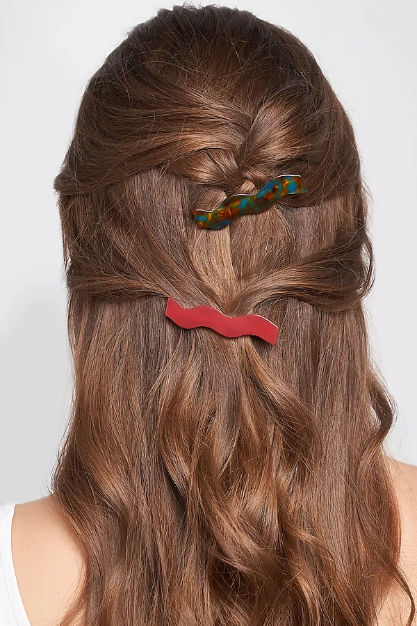 Набор 2 заколки для волос заколка-крокодил зажимы для волос украшение для волос "Волна" Nothing But Love, темно-красный, янтарный, морская волна - фото 1