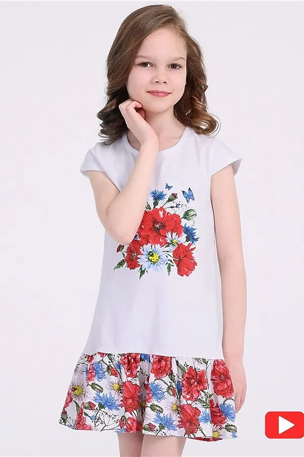 Платье АПРЕЛЬ, белый+маки и васильки - фото 1