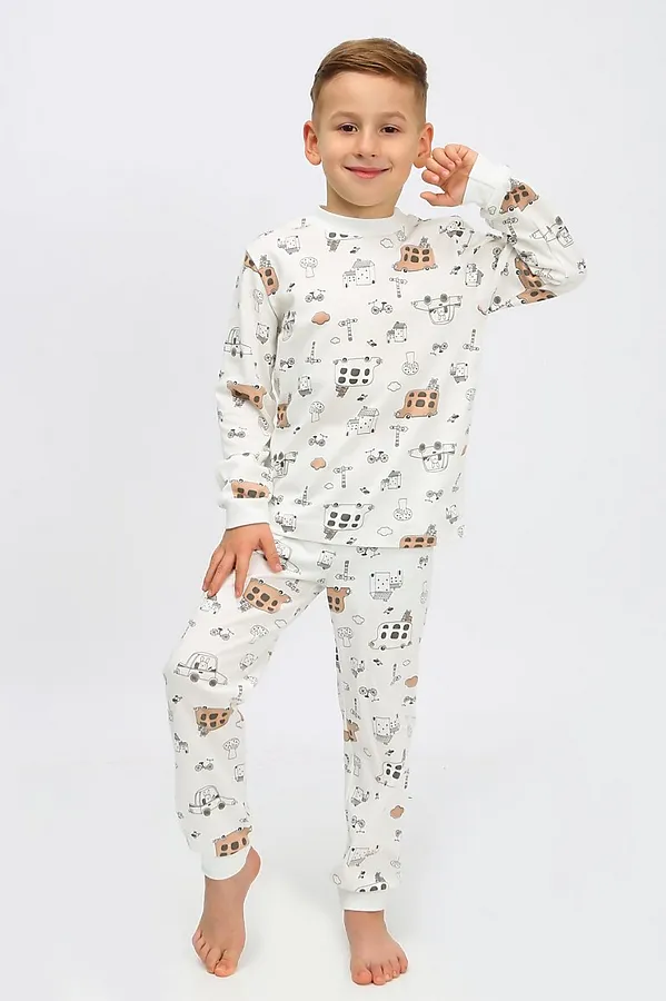 Пижама из интерлока "Автобусы" МАТВЕЙКА, молочный - фото 1