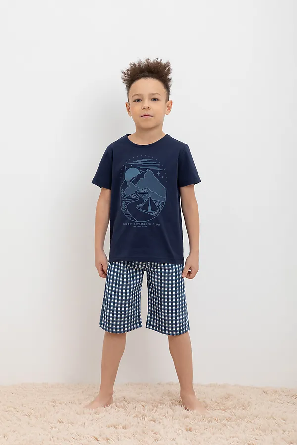 Пижама CROCKID, морской синий,маленькая клетка - фото 1